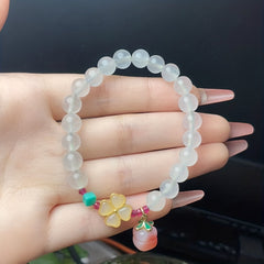 White Agate Energy Bracelet with Lucky Clover & Peach Blossom Pendant – Harmony, Protection & Spiritual Growth