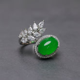 Elegant Emerald Green Agate Ring with Leaf Design for Balance & Vitality Women's Fashion Jewelry