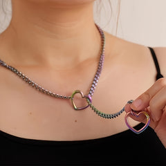 Women's Heart-Shaped Pendant Necklace - Silver Chain with Rainbow Gradient & Dual Heart Design for Emotional Balance & Spiritual Harmony