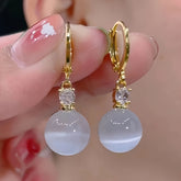 Elegant Vintage Cat's Eye Stone Drop Earrings: Golden-Tone Hoop for Daily Wear & Spiritual Harmony