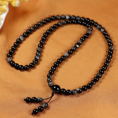 Natural Obsidian Necklace with Black & White Beads for Protection, Grounding, and Emotional Balance
