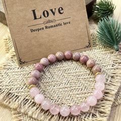 Natural Rose Quartz & Rhodonite Beaded Bracelet, Handcrafted Love Magic Stone Jewelry