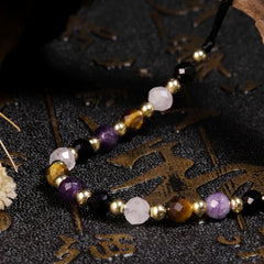 1pc Natural Stone Beaded Bracelet - Purple, Clear Quartz, Golden Tiger Eye & Black Obsidian for Energy Balance & Spiritual Protection