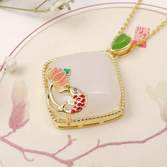 Elegant Natural Stone Pendant - Fish & Lotus Pond Design for Spiritual Harmony