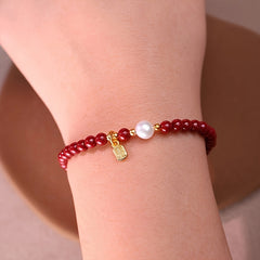 1pc Women's Elegant Chinese Red Bead Bracelet - Traditional Red Agate & Pearl Design for Luck & Protection
