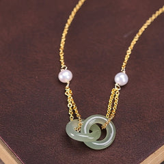 Natural Stone Necklace - Green Freshwater Pearls & Interlocking Rings for Harmony & Protection