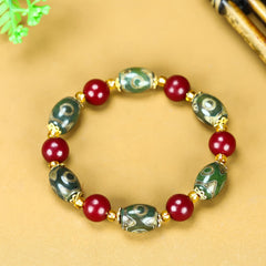 Vintage-Inspired Cinnabar & Tibetan Agate Beaded Bracelet for Men - Grounding, Protection, and Prosperity