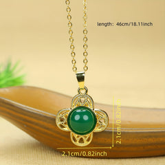 Emperor Green Agate Flower Pendant for Men | Gold Tone Lucky Clover Necklace for Prosperity