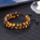 Double Tiger's Eye Beaded Bracelet - Hand-woven Natural Stone for Unisex Energy Balance & Protection