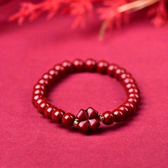 Elegant Four-Leaf Clover Bracelet with Cinnabar Stones - Daily Wear Natural Red Beaded Charm for Good Fortune & Protection