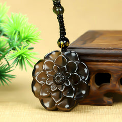 Elegant Natural Obsidian Carved Rose Flower Pendant for Grounding, Protection, and Elegant Style