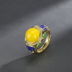 Vintage Court Style Women's Ring with Golden Agate and Blue Enamel