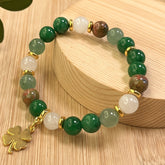 Green Aventurine & Chrysocolla Beaded Bracelet - Four-Leaf Clover Charm for Prosperity & Vintage Bohemian Style