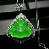 Icy Green Jade Laughing Buddha Pendant for Abundance, Serenity & Spiritual Protection