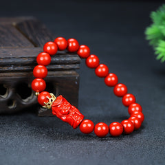 Red Cinnabar Beaded Bracelet with Emperor Dragon Charm for Protection & Prosperity