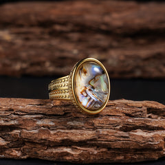 Vintage-Inspired 316L Stainless Steel Elliptical Ring with Tiger's Eye & Turquoise | Spiritual Energy & Classic Style