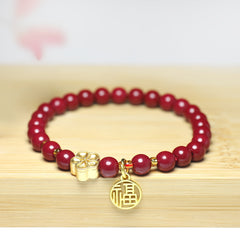 Fashion Red Sandalwood Bead Bracelet with Flower Charm & Double Happiness Pendant – Feng Shui Enhanced Energy for Career & Love