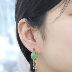 Green Stone & Gold Enamel Pendant Earrings — A Quiet Anchor for the Modern Seeker