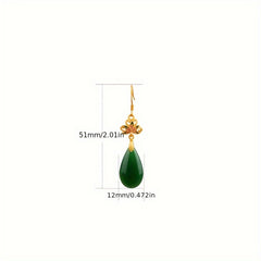 Golden-Plated Green Synthetic Stone Dripping Earrings Spiritual Energy Prosperity Charm for Dating & Vacation