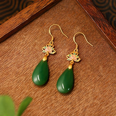 Golden-Plated Green Synthetic Stone Dripping Earrings Spiritual Energy Prosperity Charm for Dating & Vacation