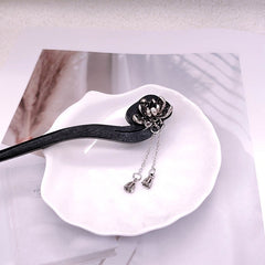 Wood Hairpin with Silver Lotus & Bell Accents - Ancient Style Pan Hair Accessories for Mindful Adornment