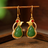 Golden Gourd-Shaped Earrings with Green Stone - Harmonious Energy for Special Occasions