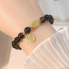 Obsidian Gourd Bracelet - Gold Accents for Wealth & Longevity with Spiritual Protection