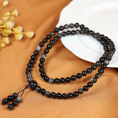 Natural Obsidian Necklace with Black & White Beads for Protection, Grounding, and Emotional Balance