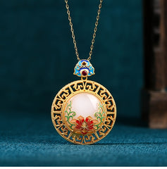Golden Lotus Pendant Necklace | Spiritual Energy & Vintage Craft with Hand-Painted Jade Accents