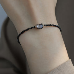 Delicate Adjustable Cat Charm Bracelet - Black & Pearl White Crystals for Spiritual Energy