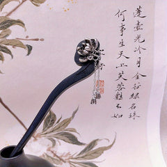 Wood Hairpin with Silver Lotus & Bell Accents - Ancient Style Pan Hair Accessories for Mindful Adornment