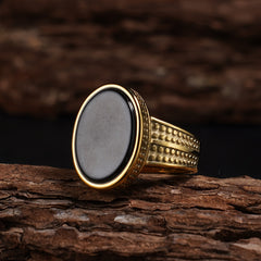 Vintage-Inspired 316L Stainless Steel Elliptical Ring with Tiger's Eye & Turquoise | Spiritual Energy & Classic Style