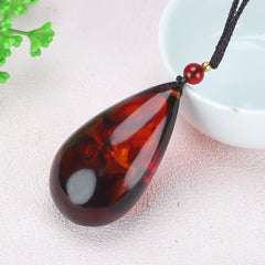 Vintage Amber Teardrop Pendant Necklace - Natural Bloodstone for Energy & Protection | Spiritual Jewelry with Ancient Wisdom