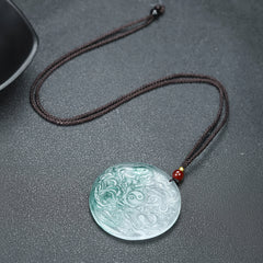 Natural Quartz Dragon Pendant - Exquisite Carved Ice Dragon Round Pendant