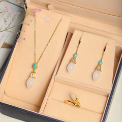 Sheep Fat White Jade Orchid Ring with Turquoise | Elegant Feng Shui Jewelry for Peace & Wisdom