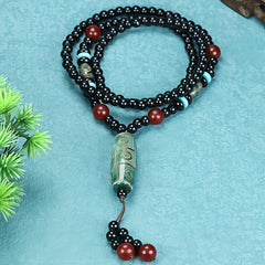 Tibetan Black Agate Necklace with Green Dzi Bead for Protection, Wealth, and Spiritual Balance