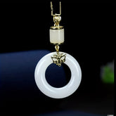 White Jade Peace Buckle Necklace with Butterfly Charm for Harmony, Love, and Positive Energy