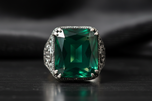 The soul of this ring is, without question, the magnificent square-cut green agate. The choice of this specific stone and its cut is a deliberate and profound design decision.