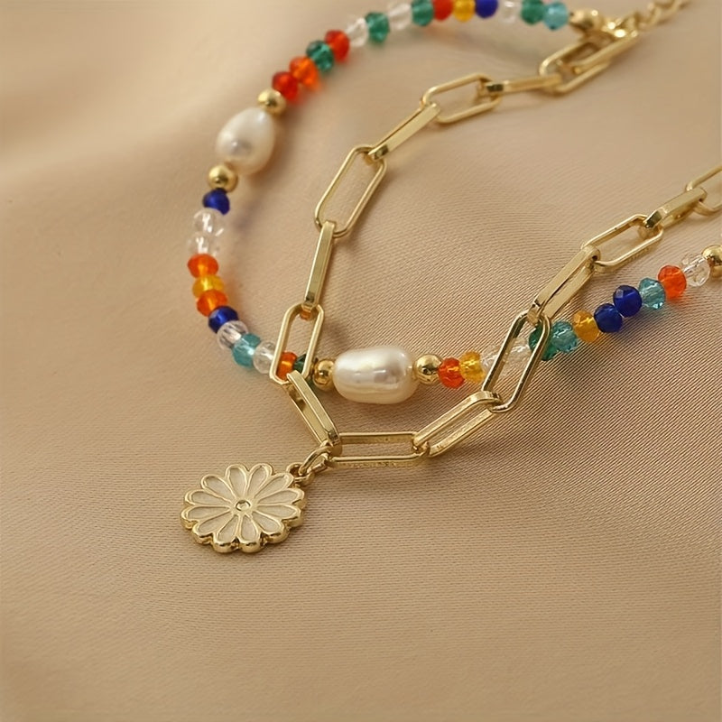 Bohemian Golden-Tone Beaded Bracelet — Joy & Creativity Enhancer with Daisy Charm