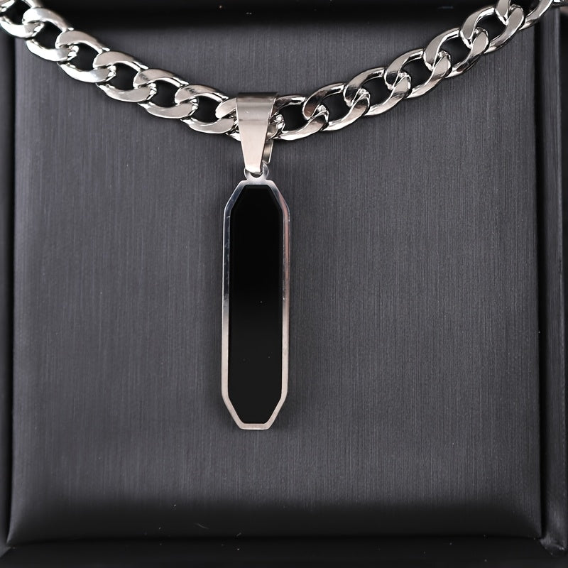 Men's Stainless Steel Cuban Chain Necklace with Black Geometric Pendant - Modern Energy & Versatile Style for Casual & Party Wear