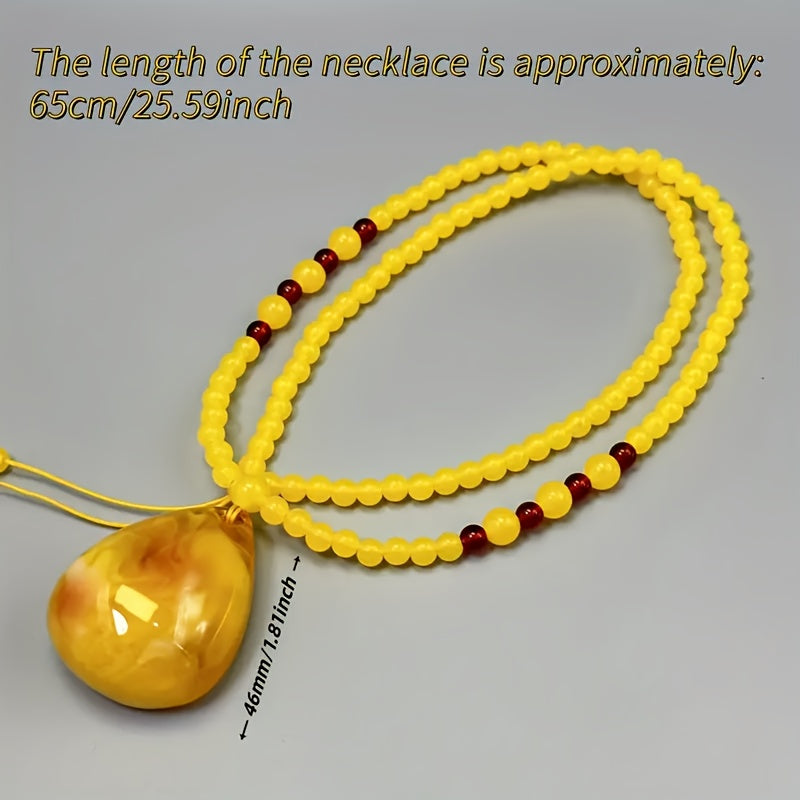 Bohemian Yellow Amber Pendant Necklace - Natural Teardrop Bead for Grounding & Joy