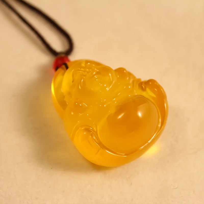 Golden Buddha Amber Necklace for Prosperity, Protection, and Spiritual Peace