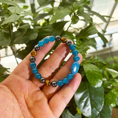 Blue Apatite & Tiger Eye Beaded Bracelet - Handmade Bohemian Style Meditation Jewelry for Spiritual Energy & Positive Vibes