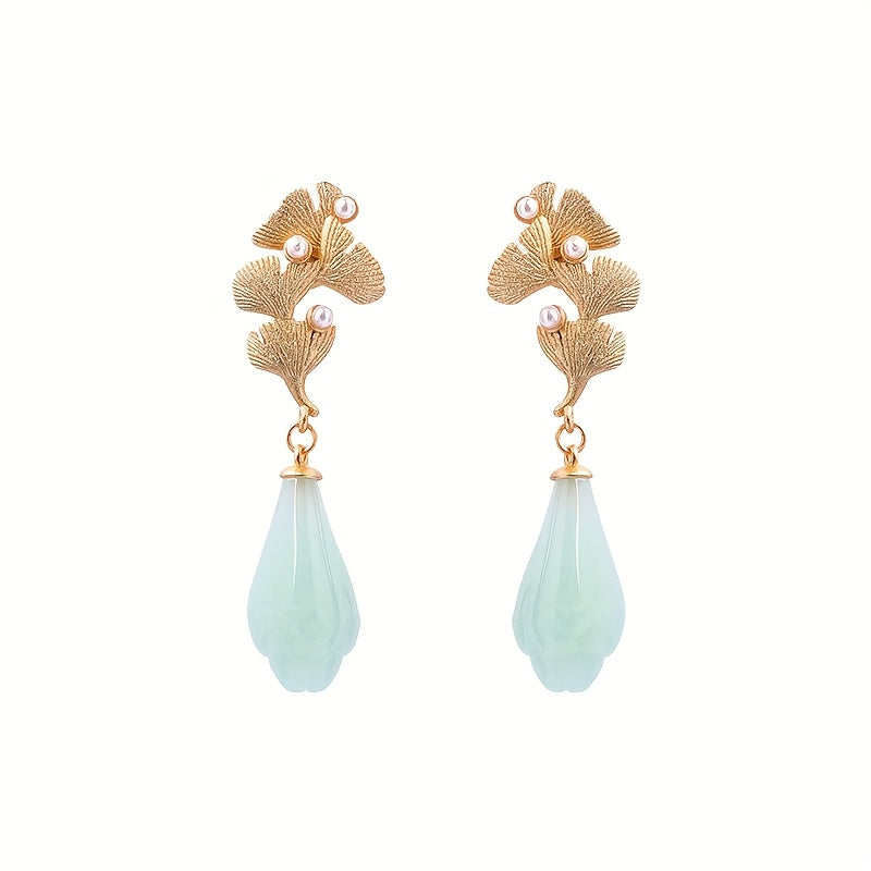 Gold-plated Ginkgo Leaf Dangle Earrings with Pearl & Imitation Jade - Harmony & Prosperity Energy for Daily Wear