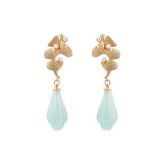 Gold-plated Ginkgo Leaf Dangle Earrings with Pearl & Imitation Jade - Harmony & Prosperity Energy for Daily Wear