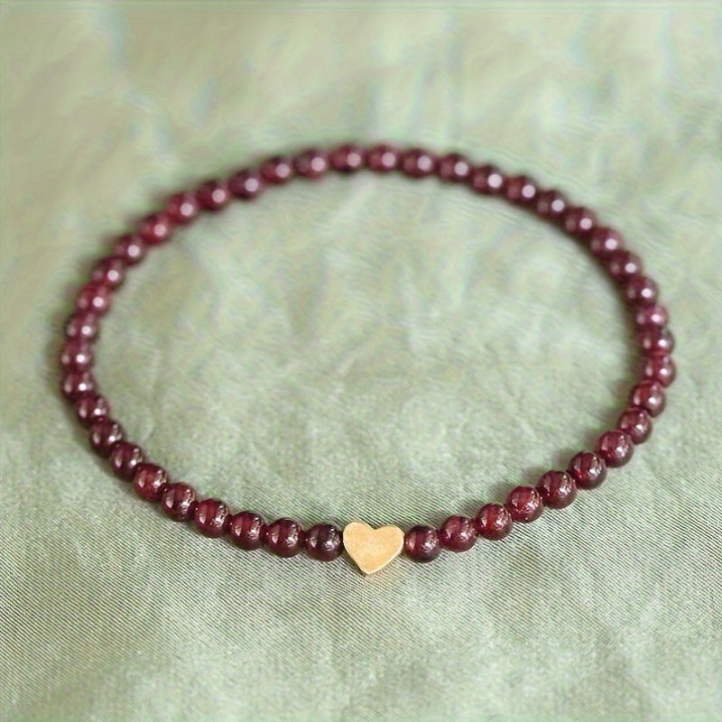 Red Garnet Bead Bracelet with Golden Heart Charm - Lucky Jewelry for Daily Elegance & Spiritual Harmony