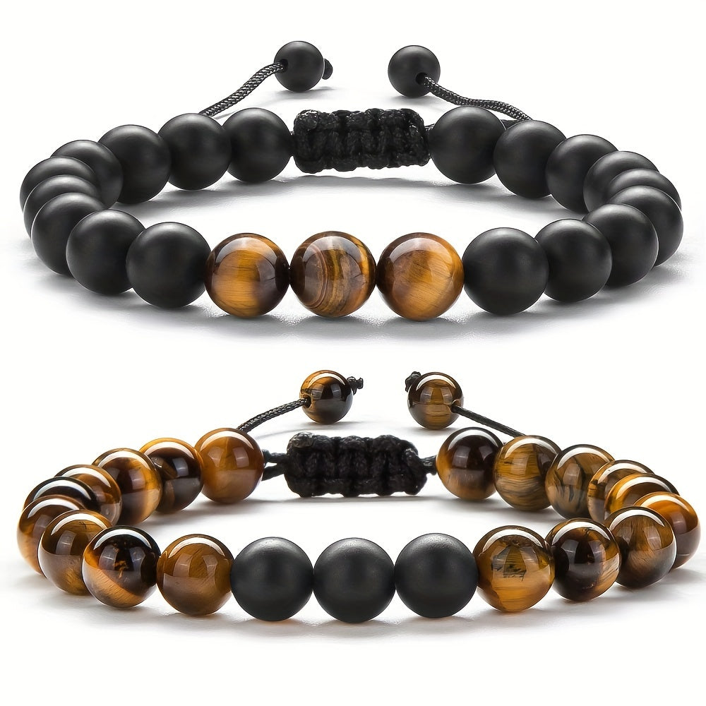 Tiger Eye Stone Bracelets for Grounding Energy - Handcrafted Adjustable Matte Black Beads