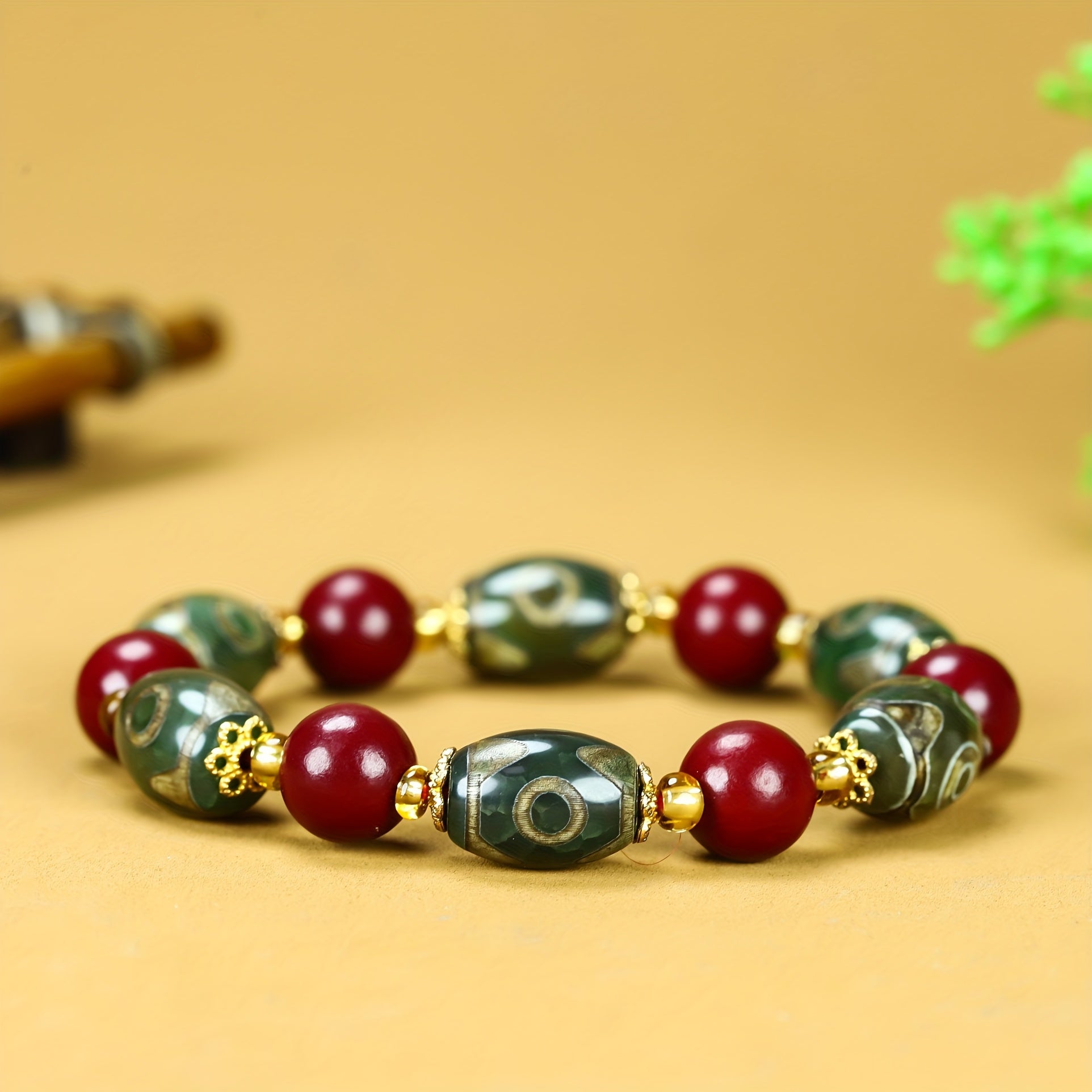Vintage-Inspired Cinnabar & Tibetan Agate Beaded Bracelet for Men - Grounding, Protection, and Prosperity