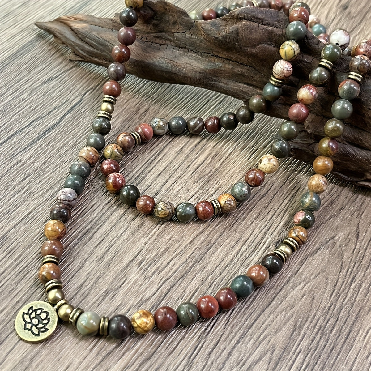 108 Mala Beads Picasso Jasper Bracelet: Bohemian Chakra Jewelry for Meditation & Spiritual Connection