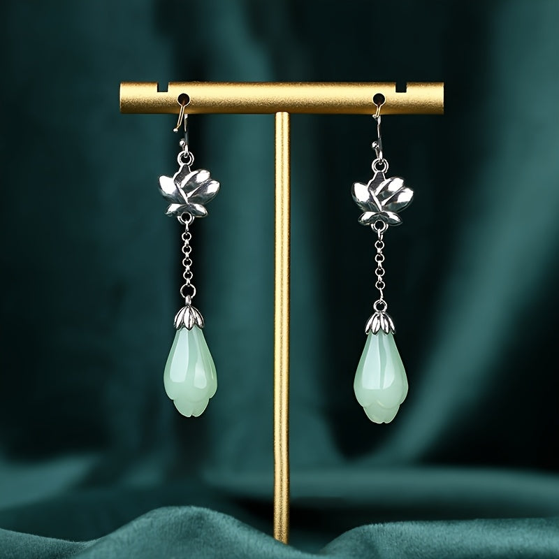 Elegant Lotus Flower Earrings - Silver Tone with Light Green Teardrop for Harmonious Energy